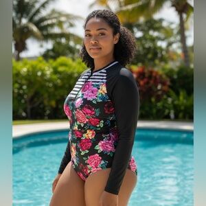 TORRID SZ 2X ONE PIECE SWIMSUIT WITH LONG SLEEVE RASH GUARD FLORAL